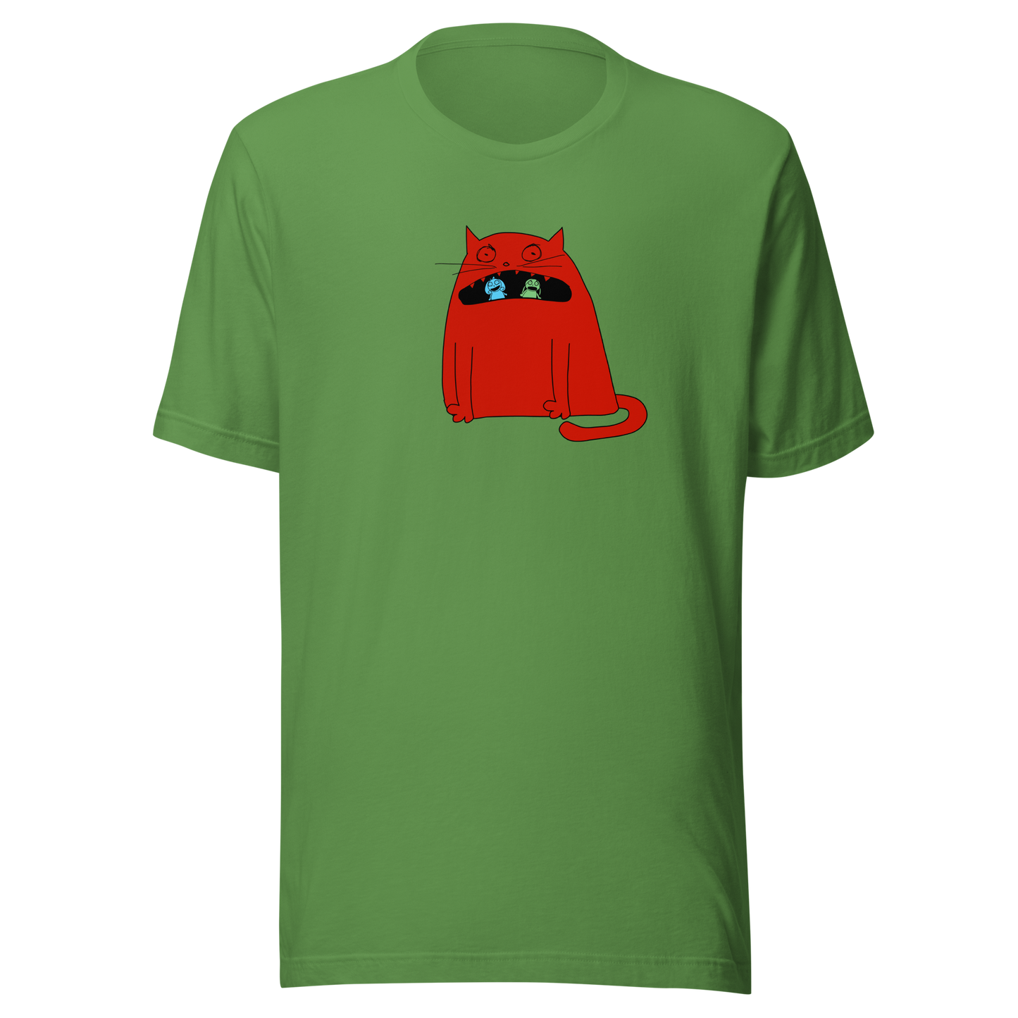 Giant cat on a  leaf green shirt