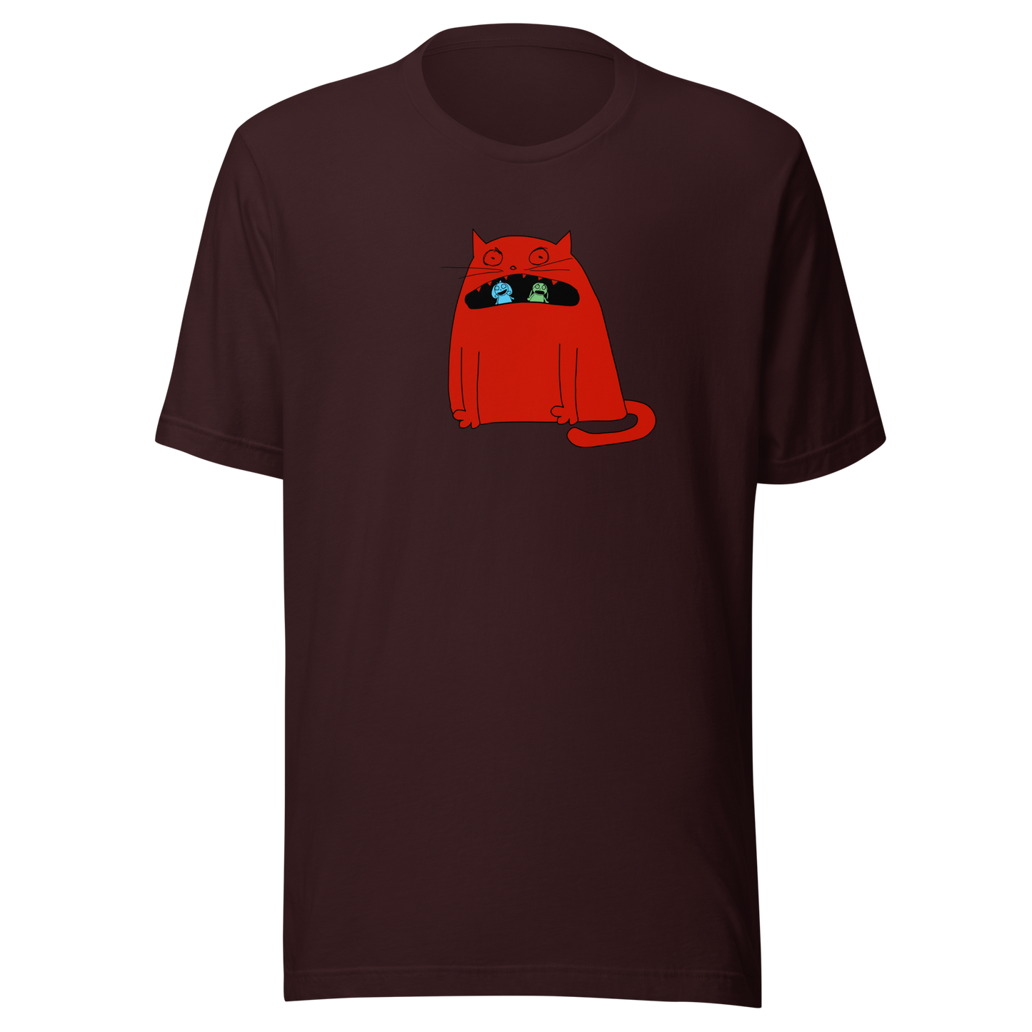 Giant Cat on an oxblood black shirt.